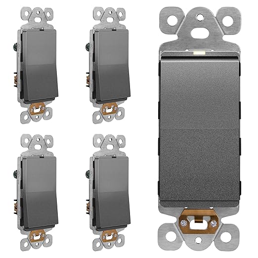 LIDER Minimalist Design Matte Finish Lighted Decorator Switch, Frameless Paddle Switch with Locator Light, Grounding Screw, 3-Way or Single Pole 15A 120V UL Listed LS15-3W-SG5P Space Gray 5 Pack