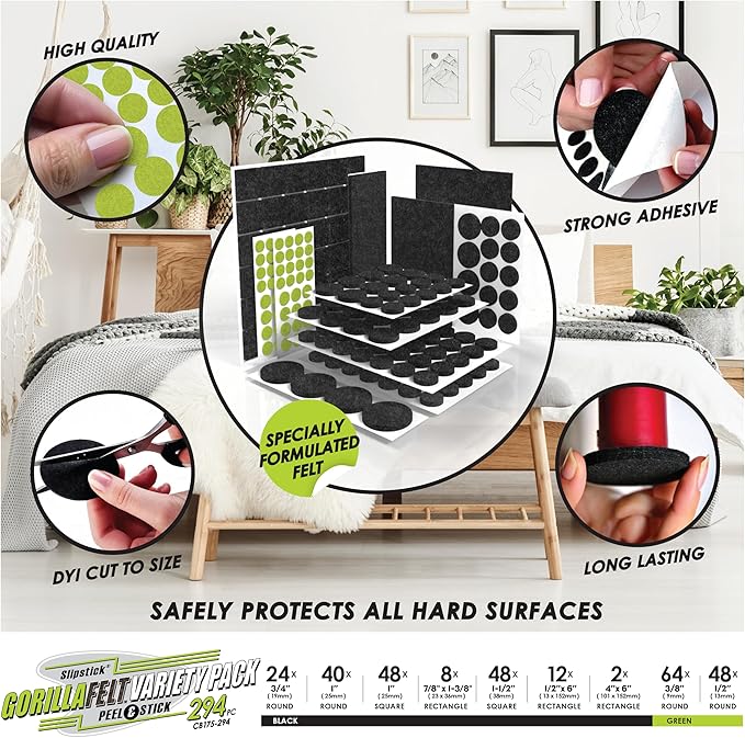 Slipstick Gorilla Felt Furniture Pads (294 Piece Variety Pack) Premium Furniture Pads & Chair Leg Floor Protectors for Hardwood Floors & Hard Surfaces