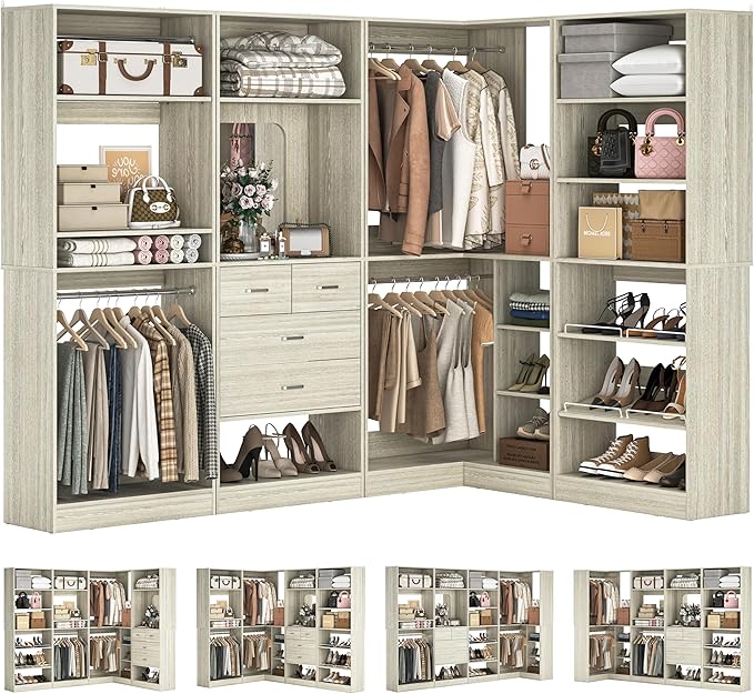 Unikito 110” Closet System with Drawers, 9.3FT Corner Closet Organizer with 4 Hanging Rods, Reversible Large Wood L Shaped Walk in Closets Wardrobe with Shoe Shelves, Set of 4, White Oak