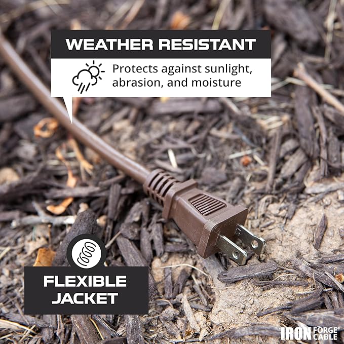 Iron Forge Cable 2 Prong Outdoor Extension Cord 6 ft, 16/2 SJTW 6 Foot Brown Extension Cord, Weatherproof - Great for Outdoor Lights, Deck, Patio