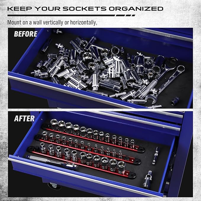 Magnetic Socket Holder Organizer Set: 1/4 Detachable Socket Trays Socket Organizer for Tool Box Drawer Holds 14-Piece Standard Size Sockets for Automotive Garage(Red)