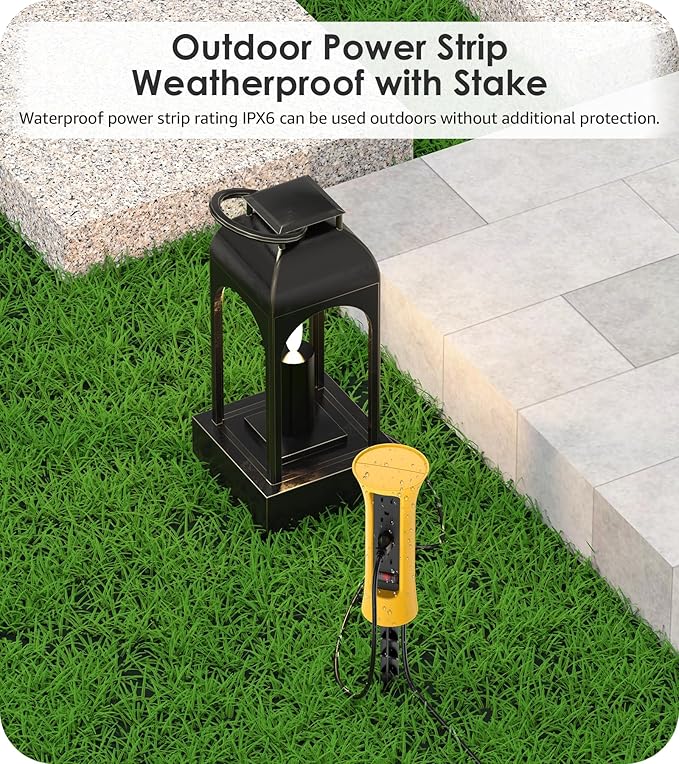 CCCEI Outdoor Power Strip Weatherproof with Stake, Waterproof Extension Cord with Multiple Outlets, Christmas Exterior Garden Decor, Yard, Camping, 4 Plugs, Surge Protector 15FT, Yellow.