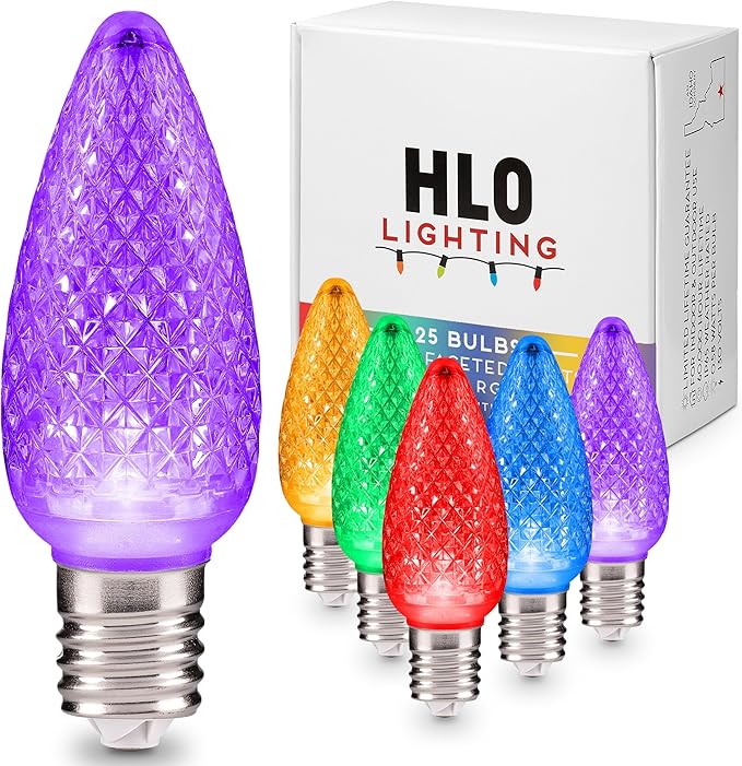 HLO Lighting C9 LED Christmas Lights, Faceted C9 Christmas Light Bulbs for Indoor & Outdoor Décor 25, Multi (R, G, B, Y, P)