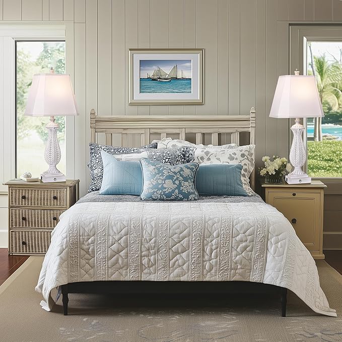 3-Way Dimmable Table Lamps for Bedrooms Set of 2, 30" H Touch Lamps for Living Room with with USB & Type-C Ports, White Mermaid Bedside Lamp for Nightstand, Resin Farmhouse Rustic Lamp with 2 Bulb