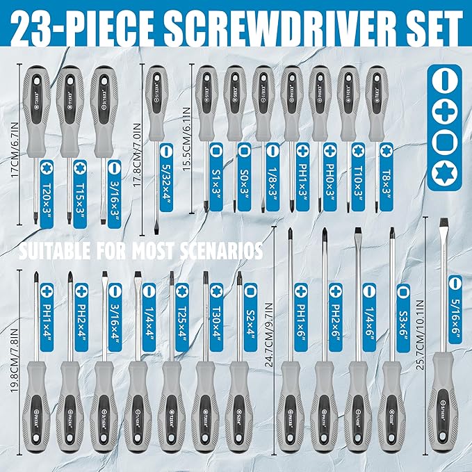 100-Piece Magnetic Screwdriver Set with Plastic Rack, Includes Slotted/Phillips/Torx Precision Drivers, Non-Slip Rubber Handles, Multi-Purpose Screwdrivers, Best Tools Men Gift (Grey)