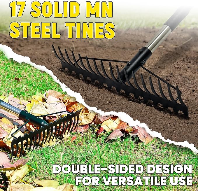 Bow Rake, 68-Inch Adjustable Handle Garden Rake with 17 Steel Tines, Heavy Duty Dual-Sided Metal Rake Landscape Gardening Tool for Soil Loosening Lawn Yard Leaves Mulch Thatch Removing