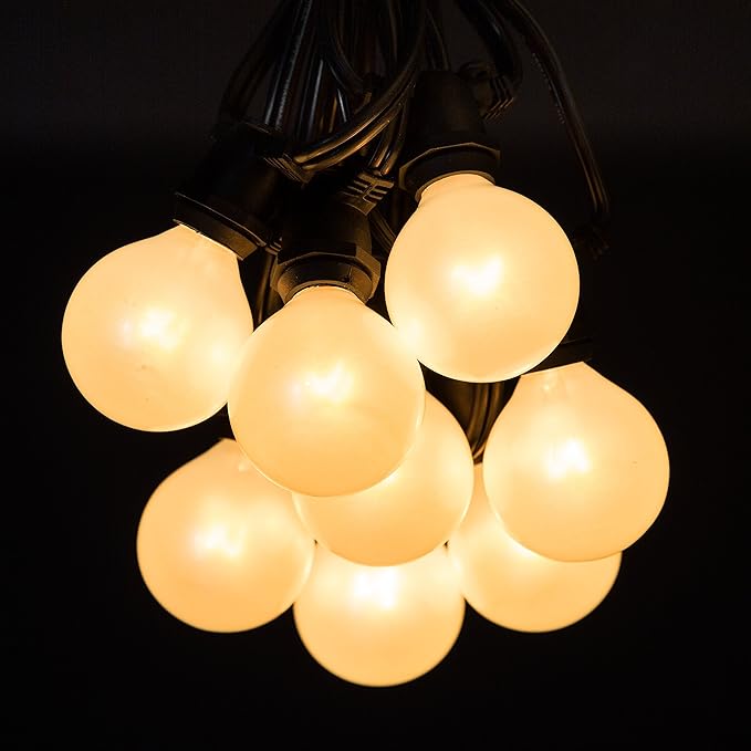 Hometown Evolution, Inc. 25 Foot C9 Commercial Exterior Globe String Lights with 20 G50 2 Inch White Satin Bulbs (Black Wire) for Weatherproof Heavy Duty Vintage Outside Lighting