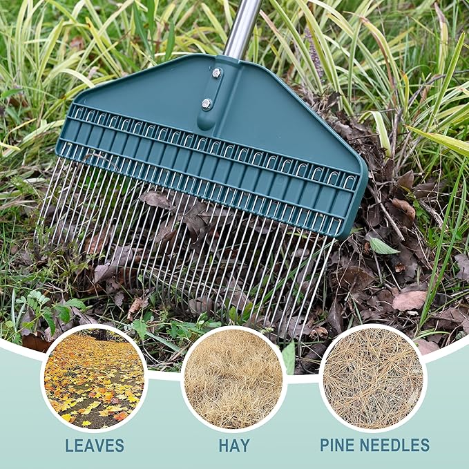 Thatch Rake & Leaves Rake 66-Inch Adjustable S/S Handle Heavy-Duty Design for Garden Lawns and Farms Ideal for Cleaning Up Dead Grass Fallen Leaves and Animal Bedding Dethatcher rake