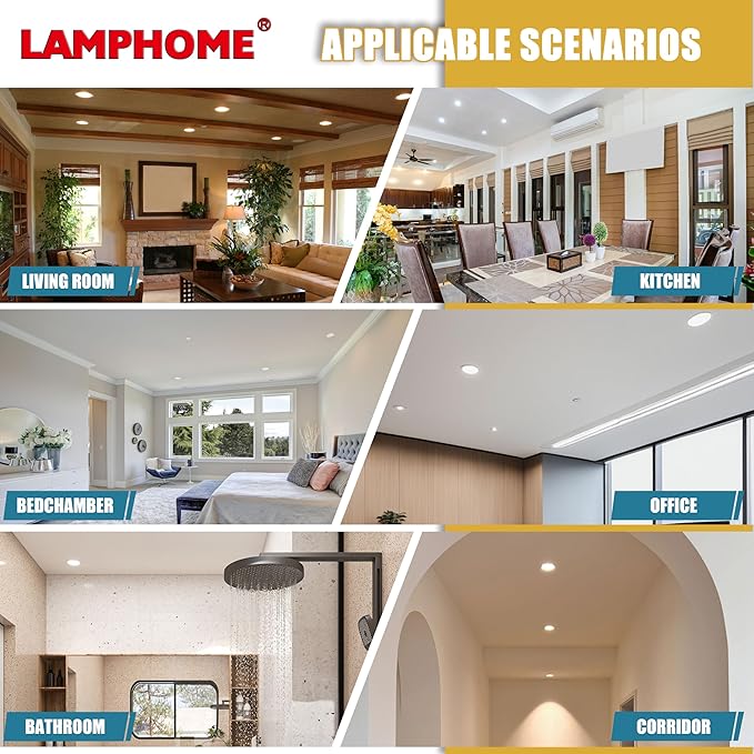 LAMPHOME 12-Pack of 4-Inch Slim LED Recessed Lights with Junction Box, Adjustable Color Temperatures (2700K-5000K), 9W Equivalent to 75W, Dimmable, 950LM Brightness - ETL and Energy Star Certified