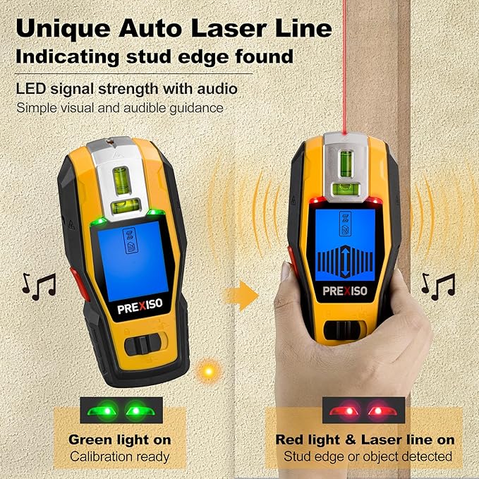 PREXISO 2-in-1 Stud Finder with Laser Level, Rechargeable Multi Surface Cross Line Laser & Wall Stud Scanners Tool for Hanging Frames & Picture, Wood Ac Wire Metal Studs Joist Pipe Detection