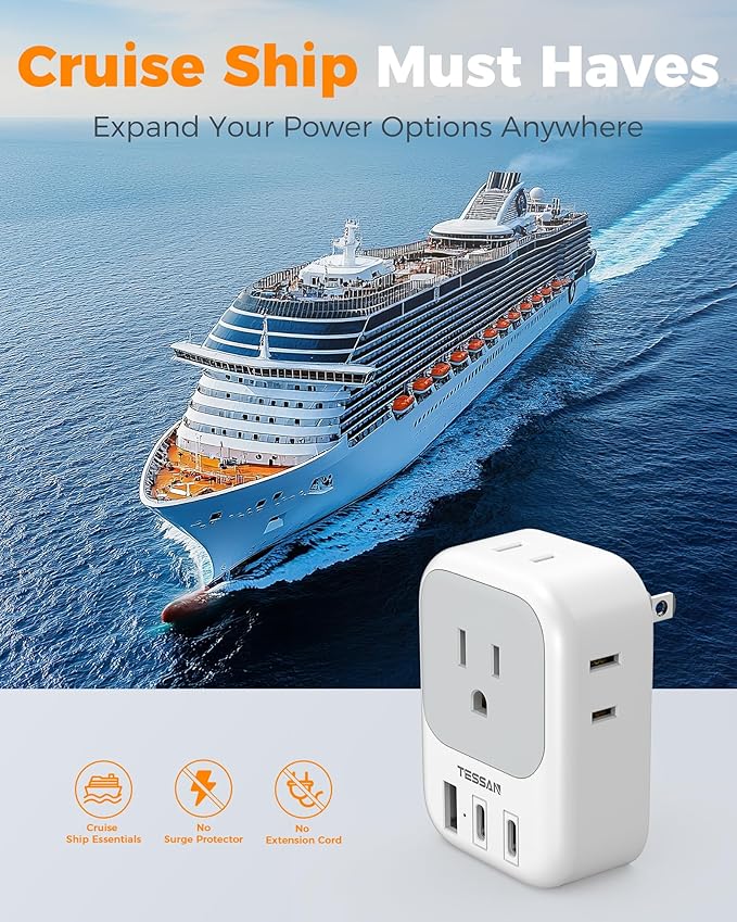 TESSAN US to Japan Plug Adapter 2 Prong to 3 Prong Outlet Adapter with 4 Outlets 3 USB (2 USB-C), Outlet Converter US to Japan China Mexico Philippines Canada Peru Thailand Vietnam