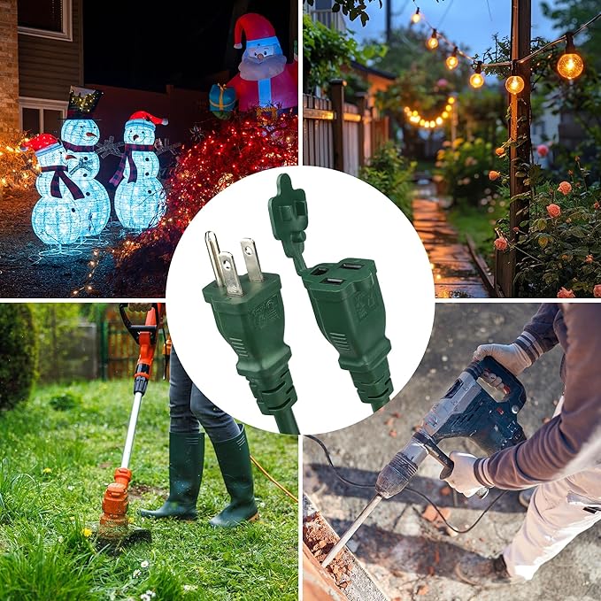 BN-LINK 25 ft Outdoor Extension Cord w/3 Inline Outlets 16/3 Gauge, SJTW Green for Landscaping & Holiday Decorations, Grounded, ETL Listed