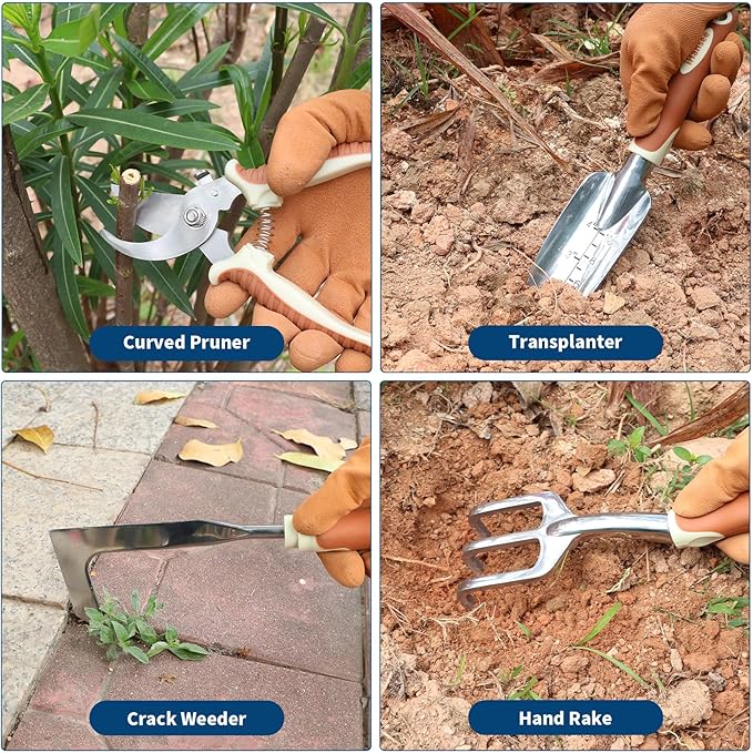 Brown Gardening Tools Set 12-Piece, Garden Hand Tool Kit with Non-Slip Ergonomic Handle, Storage Tote Bag, Garden Apron, Gloves and Kneeling Pad, Gardening Gifts for Women Men Plant Lover