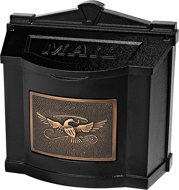 Gaines Wallmount Mailbox - Powder Coated Aluminum with Solid Brass Accents - Mounting Hardware Included (Black with Antique Bronze Eagle)