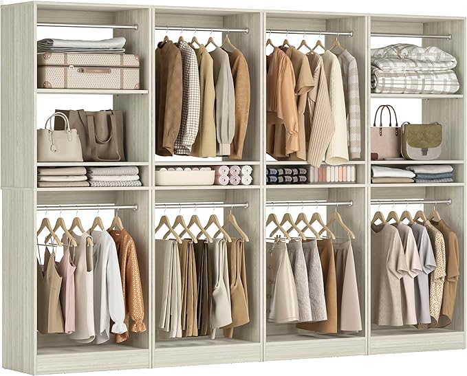 Unikito 100” Closet System, 8.3FT Wood Closet Storage Organizer with 8 Hanging Rods, Adjustable Large Walk in Wardrobe Closet Tower, Sturdy Clothes Garment Rack, Easy Assembly, Set of 4, White Oak