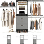Armocity 96 Inches Closet System, 8FT Walk In Closet Organizer with 3 Shelving Towers, Heavy Duty Clothes Rack with 3 Drawers, Built-In Garment Rack, 96" L x 16" W x 75" H, Max Load 1000 LBS, Grey
