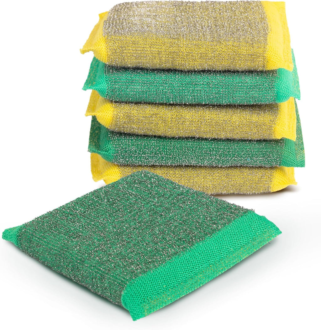 Simplified 6-Pack Steel Scouring Sponges with Rust Resistant Stainless Steel Threading for Home and Kitchen Cleaning Supplies, Heavy Duty Cleaning Sponge for Kitchen & Bathroom, Navy/Yellow