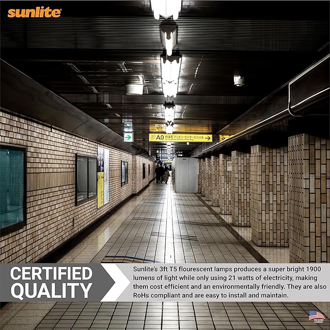 Sunlite 30325 F21T5/841 3 Foot T5 Linear Fluorescent Lamp, 21 Watts, 1900 Lumens, 4100K Cool White, Miniature G5 Bi-Pin Base, ROHS Compliant, High Performance Straight Tube, 40 Pack