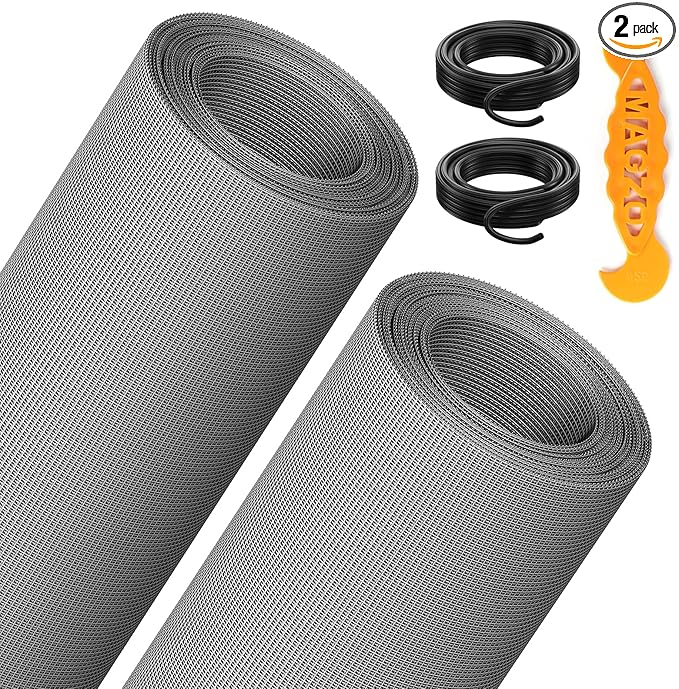 2PACK MAGZO Window&Door Screen Replacement Kit, 48''W x 99''L, with Retainer Spline (Total 65.6 FT) and Press-Fit Roller Tool, Scratch-Proof Polyester, Mesh Roll Repair for Patio, Pet Friendly, Grey