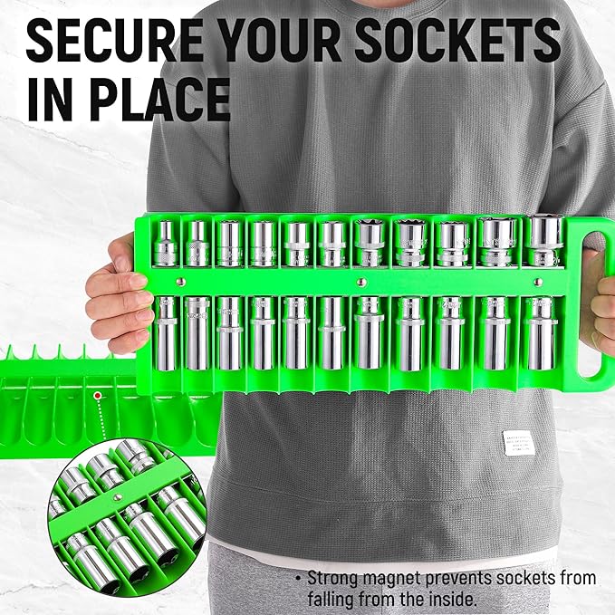 Magnetic Socket Organizer Set, 3-Piece Green Portable Magnetic Socket Holder Tray, Heavy Duty Socket Racks For 1/2-inch& 3/8-inch& 1/4-inch Drive, Hold 76 Sockets - Fit Shallow&Deep Sockets