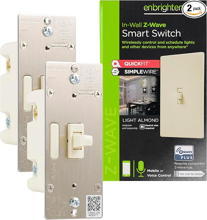 Enbrighten Almond Z-Wave Plus Smart Light Switch with QuickFit and SimpleWire, 3-Way Ready, Compatible with Alexa, Google Assistant, ZWave Hub Required, Repeater/Range Extender, Toggle, 2 Pack, 81174