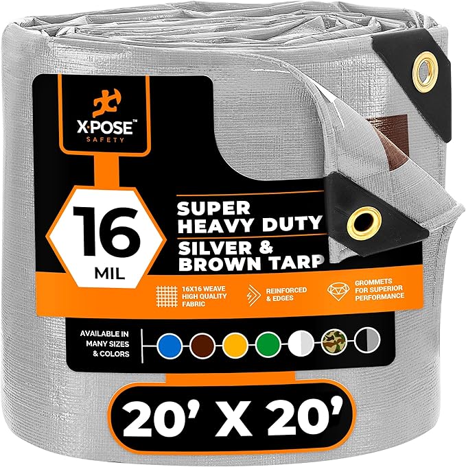 20' x 20' Super Heavy Duty 16 Mil Silver/Brown Poly Tarp Cover - Thick Waterproof, UV Resistant, Rip and Tear Proof Tarpaulin with Grommets and Reinforced Edges - by Xpose Safety