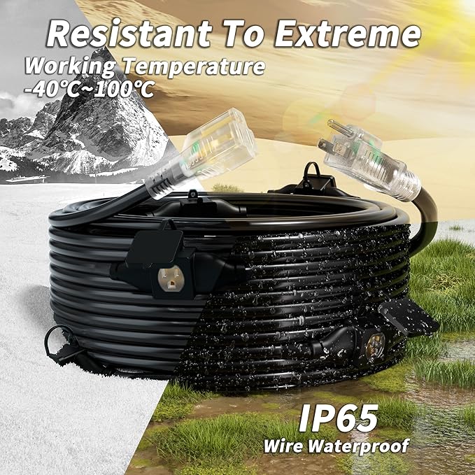 50 FT Outdoor Extension Cord with Multiple Outlets, 16/3 Gauge Heavy Duty Extension Cord Evenly Spaced 6 Outlets Plugs with Lighted Waterproof, 13AMP 1625W 125V 16AWG SJTW Black, ETL Listed