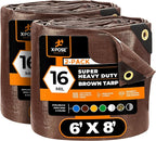 Xpose Safety Super Heavy-Duty 6' x 8' Brown Poly Tarp (2-Pack) - 16 Mil Waterproof & UV Resistant, Rip-Proof with Reinforced Edges & Grommets