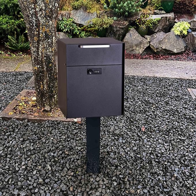 Post Mount Locking Mailbox with Code Lock - Large Capacity Security Password Metal Lock Mailbox - Waterproof Vertical Drop Mail Box Outdoor