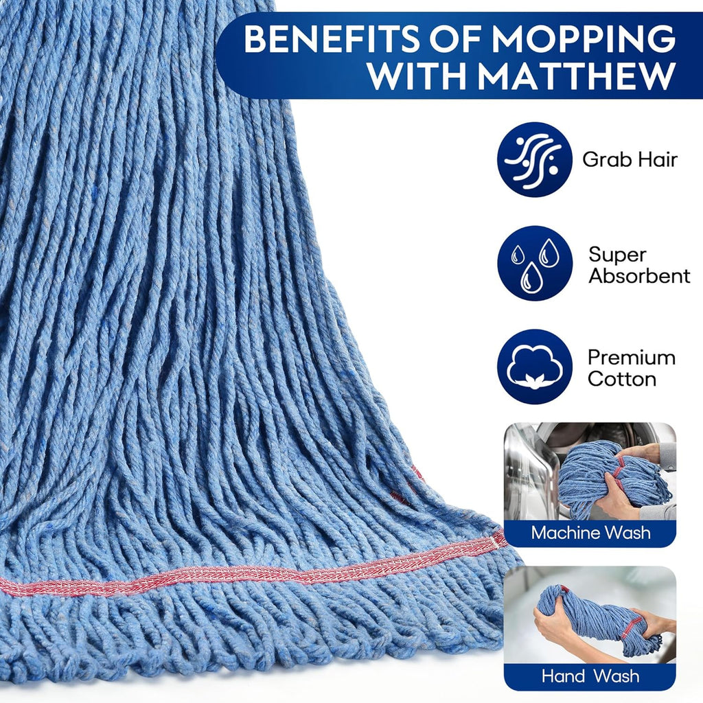 Matthew Cleaning 20oz Heavy Duty Mop Head Commercial Replacement for General and Floor Cleaning , Wet Industrial Blue Cotton Looped End String Head Refill (Case of 12) Blue