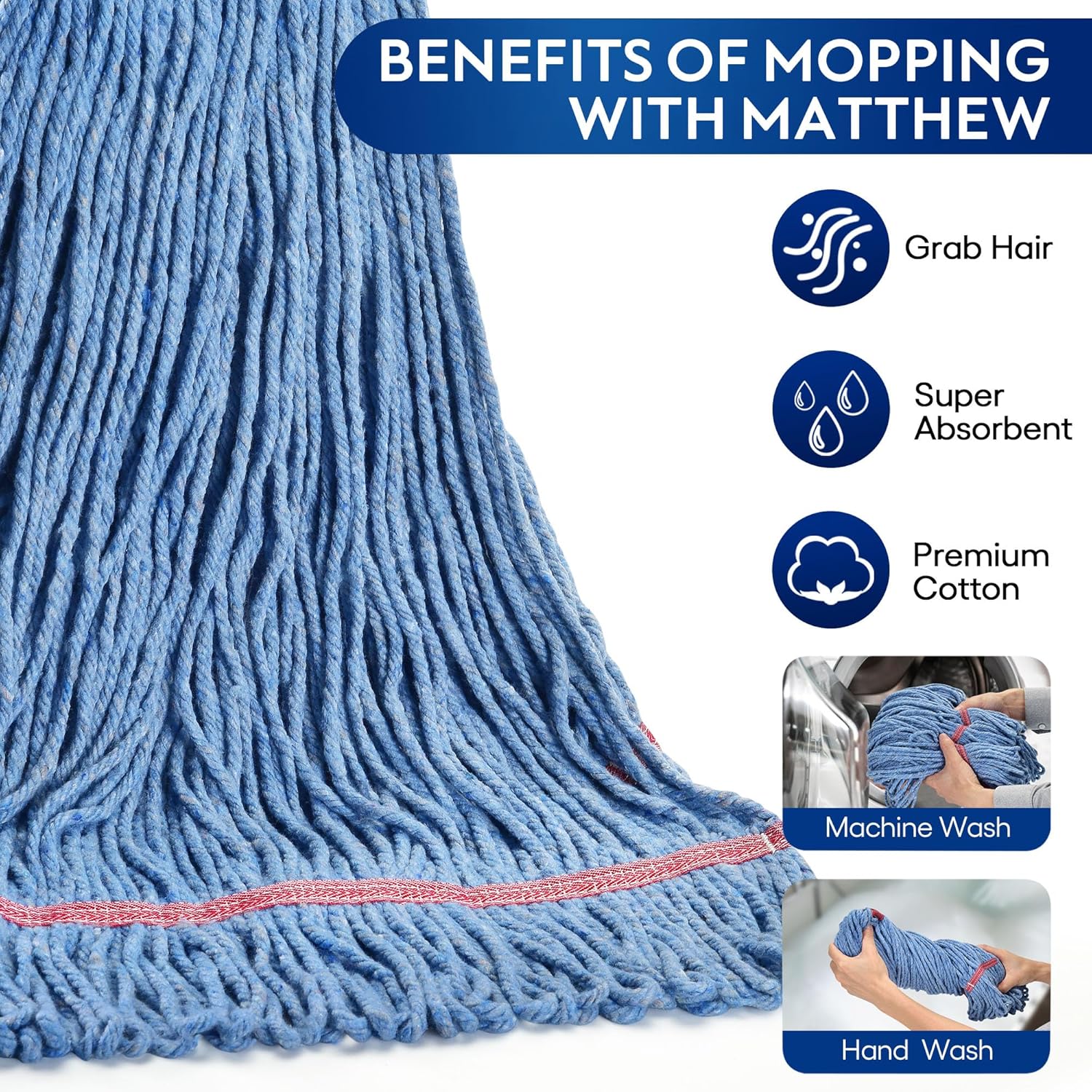 Matthew Cleaning 20oz Heavy Duty Mop Head Commercial Replacement for General and Floor Cleaning , Wet Industrial Blue Cotton Looped End String Head Refill (Case of 12) Blue