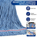 Matthew Cleaning 20oz Heavy Duty Mop Head Commercial Replacement for General and Floor Cleaning, Wet Industrial Blue Cotton Looped End String Head Refill (Pack of 6) Blue