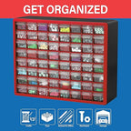 Akro-Mils 64-Drawer Plastic Drawer Storage Cabinet for Garage Organization, Bead Organizer, Building Bricks Storage, Teacher Toolbox, Makeup Organizer, 20" W x 6" D x 16" H, 10164 Red