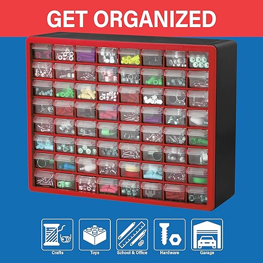 Akro-Mils 64-Drawer Plastic Drawer Storage Cabinet for Garage Organization, Bead Organizer, Building Bricks Storage, Teacher Toolbox, Makeup Organizer, 20" W x 6" D x 16" H, 10164 Red