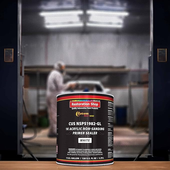 Custom Shop Premium 1K Acrylic Non-Sanding Primer Sealer Paint, Color White, 1 Gallon - Fast Drying, Ready-To-Spray, Apply Over Automotive Primer Surfacers, Sanded Finishes - Topcoat Urethane, Enamel