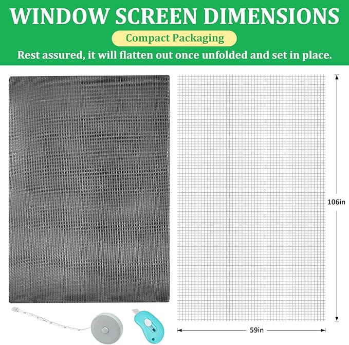 Windows Screen Replacement and Screen Door Repair Kit, 6Pcs Window Screen Fiberglass Mesh Kit - Window Screen & Screen Door Mesh & Screen Porch Repair Kit (Gray, 59" x 106")