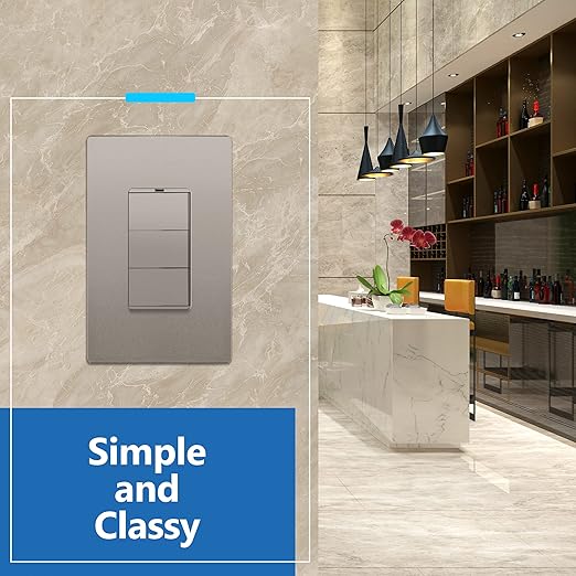 LIDER Minimalist Design Matte Finish Lighted Triple Switch with Screwless Wall Plate, Combination Frameless Decorator Switch with Locator Light, Ground Terminal Single Pole 15A 120V, UL Listed, Nickel