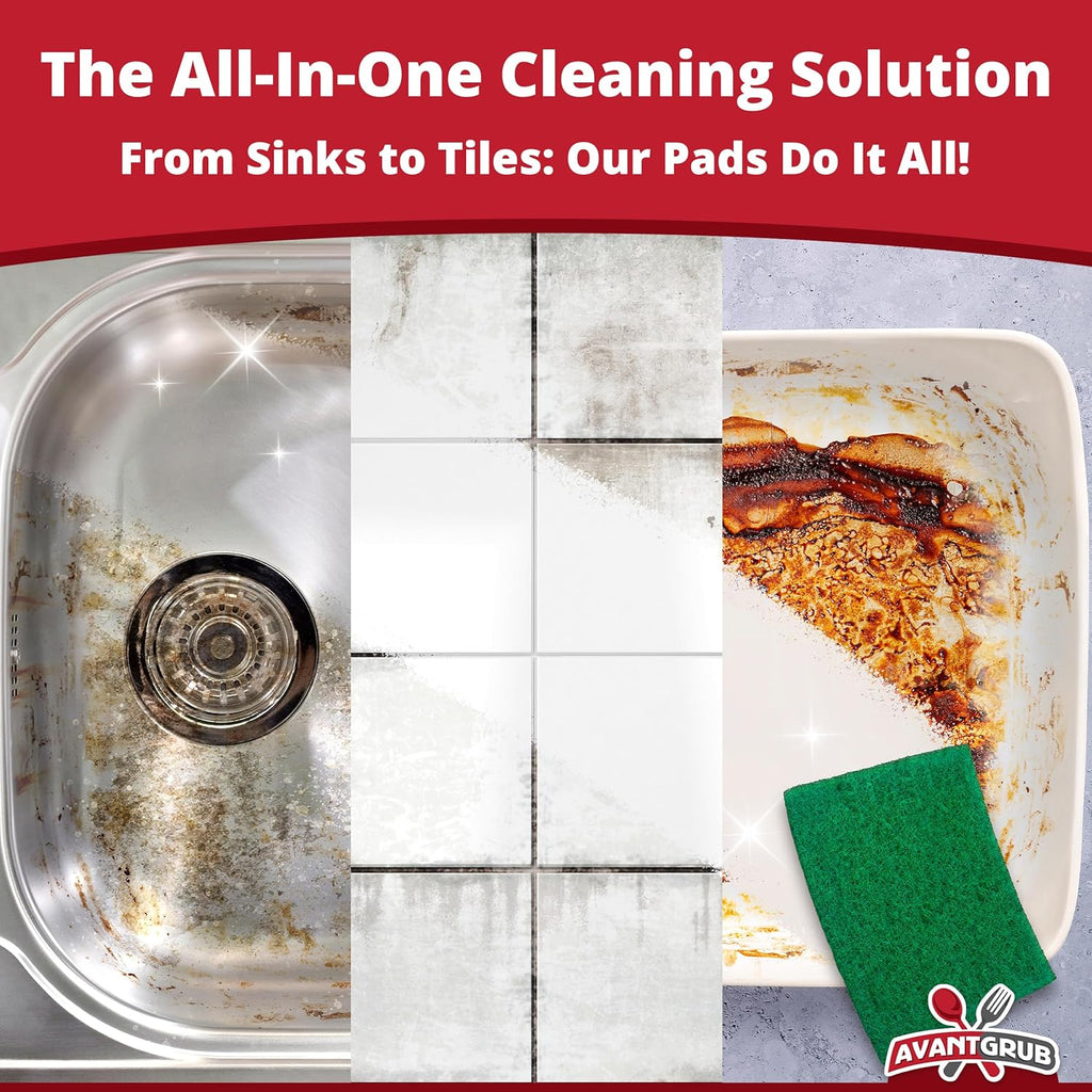 Green Sustainable 20 Pack Cleaning Scour Pads by Avant Grub. Powerful Stain Remover for Cookware. Easily Remove Grease and Residues. Eco-Friendly Solution for Kitchen Cleaning.