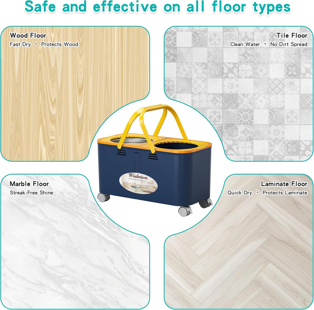 2025 Upgraded Gen 1 Mop and Bucket with 360° Swivel Wheels for Easy Rolling, Clean & Dirty Water Separation, Hands-Free Wringer, 6 Microfiber Mop Heads for Wood, Tile, and Floor Cleaning – Blue/Yellow