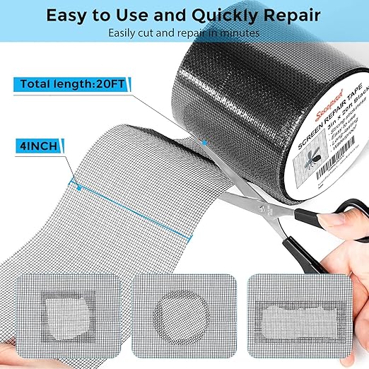 Black Window Screen Repair Tape, 3IN x 20FT (240IN) Screen Repair Kit for Windows or Doors, Strong Adhesive Fiberglass Mesh Patch Tape