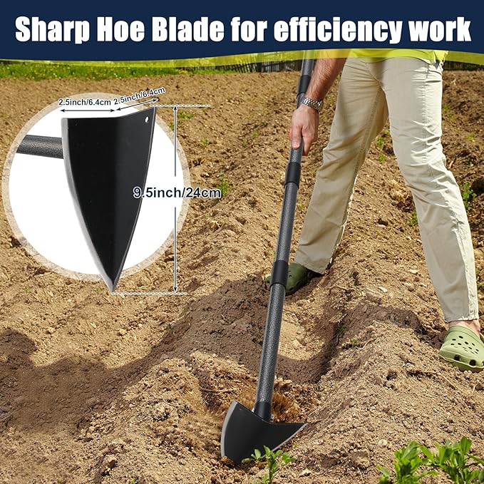Extra-Sharp Triangular Hoe - Heavy Duty Gardening & Construction Tool with 15"-60" Adjustable Stainless Steel Pole, Detachable Design for Digging, Weeding, Trenching