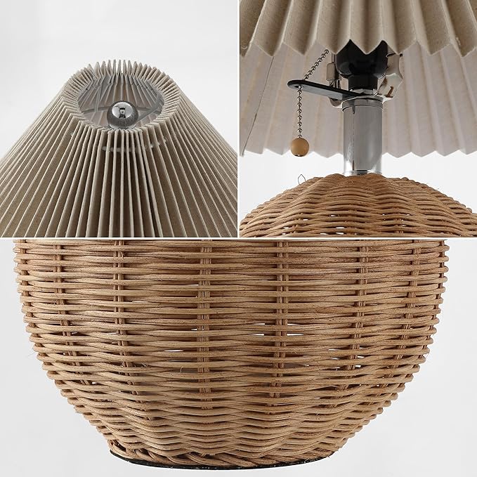 JONATHAN Y JYL1145C Aksel 17.25" Coastal Scandinavian Rattan/Iron Sphere LED Table Lamp with Pleated Shade and Pull Chain, Natural/Chrome/Dark Beige, for Bedroom, Living Room, Entry Console