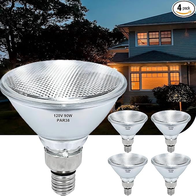 PAR38 Halogen Flood Light Bulbs 4 Pcs, 90W Equivalent, 120V, E26 Base, 2700K Warm White Light for Indoor and Outdoor