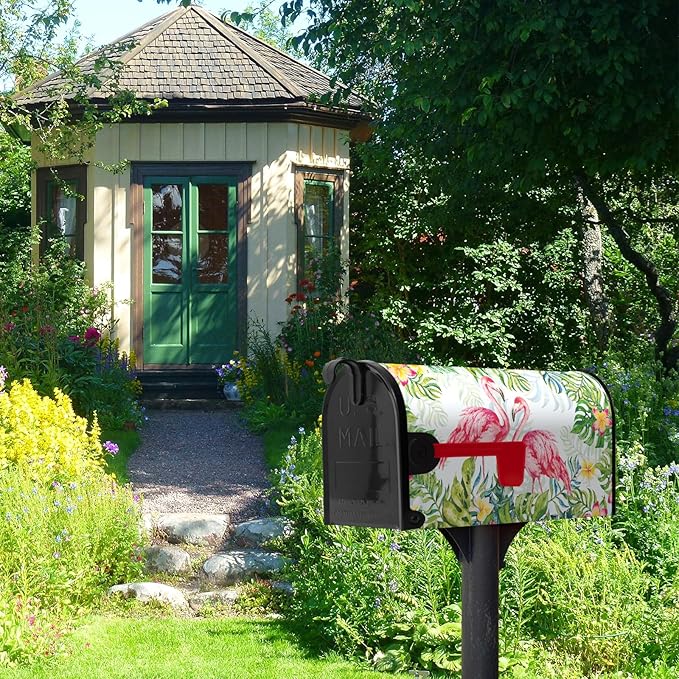 Pink Flamingo Tropical Magnetic Oversized Mailbox Cover Summer Palm Leaf Decoration 25.5x21 Inch Jungle Floral Mailbox Wrap for Garden Decor