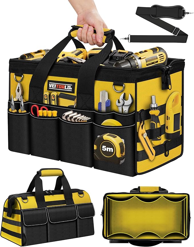 16-Inch Heavy Duty Tool Bag, 19-Pockets Tool Box Organizer, Portable Toolbag W/Soft Handle, Organized Storage, Mechanic Gifts for Men Dad Husband Him Christmas, Wide Mouth Toolbox Organization, Yellow