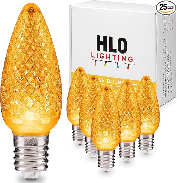 HLO Lighting Set of 25 Yellow C9 Faceted LED Christmas Light Bulbs for Indoor & Outdoor Use | Durable Replacement Bulbs