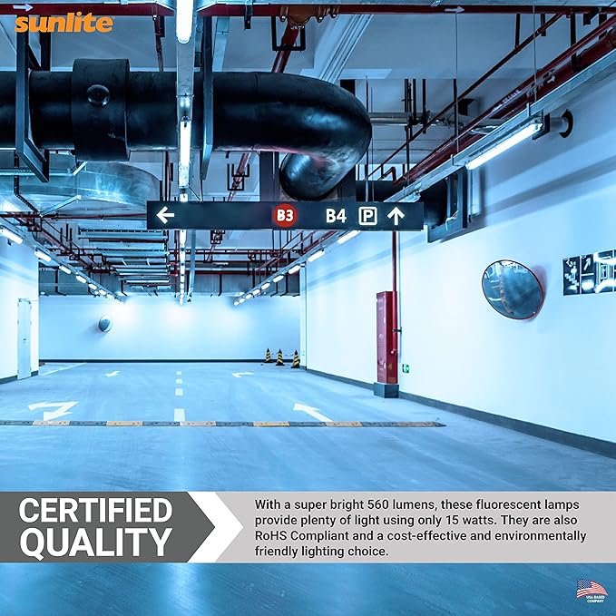 Sunlite F15T8/D 18-Inch T8 Linear Fluorescent Lamp, 15 Watts, 560 Lumens, 6500K Daylight, Medium G13 Bi-Pin Base, ROHS Compliant, 30 Pack