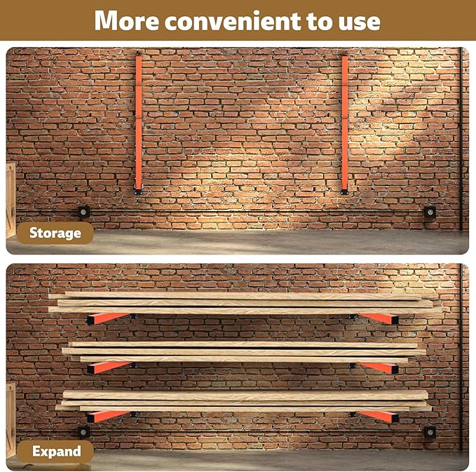 lumber storage rack, Heavy Duty Metal Lumber Storage Rack with Multi Angle Adjustment and 3-Level Wall Mount for Garage Shop Indoor Outdoor, Orange (2 PACK)