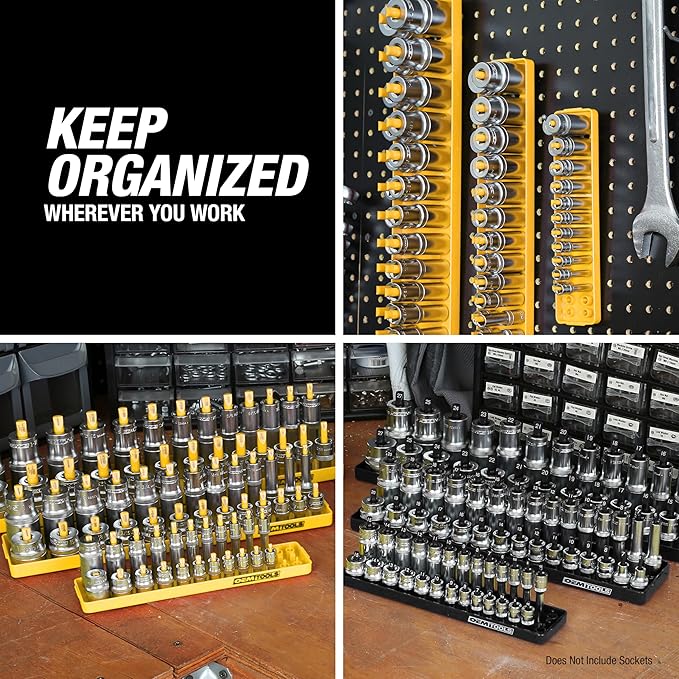 OEMTOOLS 22238 6 Piece SAE and Metric Socket Tray Set, SAE and Metric Socket Storage for Sizes 1/4", 3/8”, and 1/2" Drive, Socket Holders and Socket Organizer Tray for Toolbox, Black and Yellow
