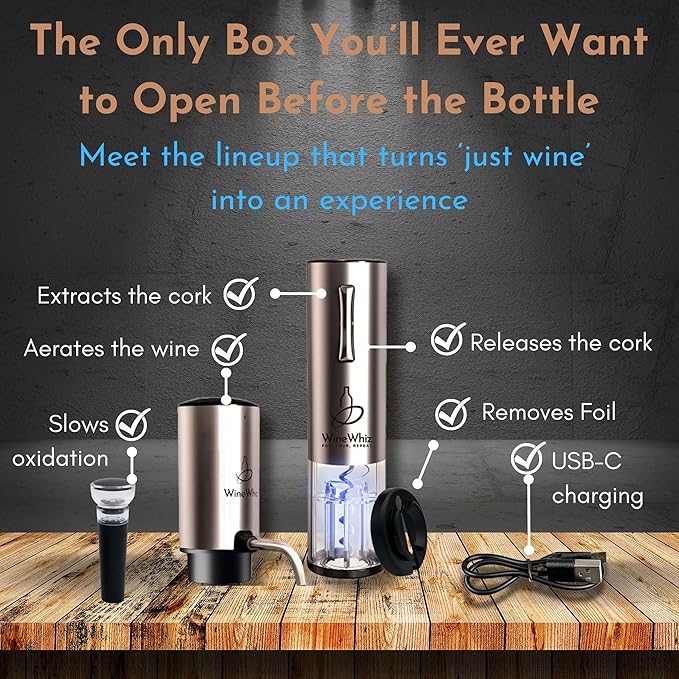 Electric Wine Aerator & Opener Set with Accessories, Rechargeable Automatic Corkscrew, Aerator, Dispenser, Foil Cutter Tool, Stopper, Wine Lovers Gift for Housewarming, Birthday, Registry, Anniversary